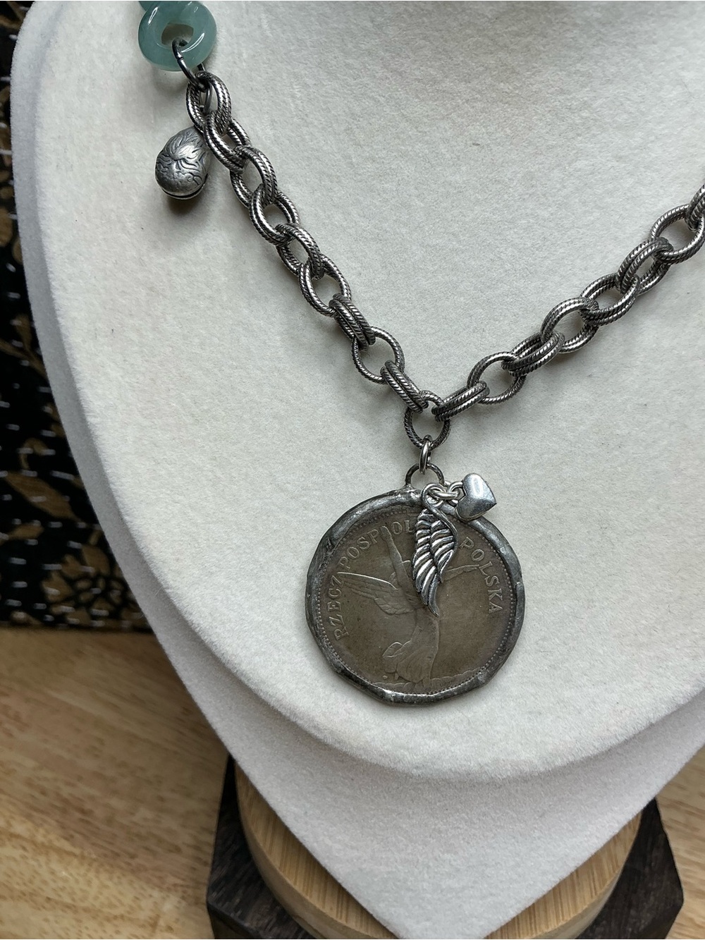 Antique Silver Rollo Necklace 17” with Angel Coin and Blue Water Jade Connectors - Picture 4 of 10